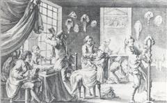 Oficina de peruqueiro-barbeiro. França, século XVIII. Enciclopédia Diderot.
